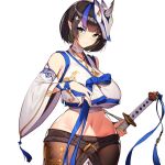  1girl belt black_hair blue_hair breasts closed_mouth detached_sleeves green_eyes greyhaven holding holding_sword holding_weapon katana large_breasts mask mask_on_head navel pointy_ears powzin purple_hair simple_background solo standing sword weapon white_background wide_sleeves 
