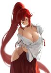  1girl bare_shoulders breasts cleavage closed_mouth collarbone commission contrapposto cowboy_shot green_eyes hakama half-closed_eyes highres hip_vent japanese_clothes large_breasts long_hair long_sleeves looking_down miko no_panties off_shoulder original ponytail red_hair red_hakama red_ribbon ribbon ribbon-trimmed_sleeves ribbon_trim shizuko_hideyoshi sidelocks signature simple_background solo very_long_hair white_background wide_sleeves 
