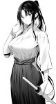  1girl blush breasts greyscale hakama highres hiiragi_yuuichi holding holding_shinai holding_towel japanese_clothes large_breasts looking_at_viewer monochrome original parted_bangs ponytail shinai simple_background solo sweatdrop sword towel weapon white_background wooden_sword 