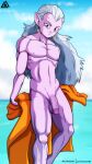  absurd_res alien alien_humanoid balls dragon_ball dragon_ball_super dragon_ball_z ear_piercing ear_ring fusion genitals hair hi_res humanoid humanoid_pointy_ears kai_(disambiguation) kaioshin kibito_kai looking_at_viewer male not_furry nude penis piercing prismanoodle_(artist) purple_body purple_skin ring_piercing smile solo towel white_hair 