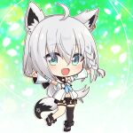  1girl ahoge animal_ears black_shorts black_thighhighs blue_eyes braid detached_sleeves fox_ears fox_girl fox_shadow_puppet fox_tail grey_hair highres hololive hood hoodie looking_at_viewer medium_hair ousawa_kanata shirakami_fubuki shirakami_fubuki_(1st_costume) shorts single_braid single_thighhigh smile solo tail thighhighs virtual_youtuber white_hair white_hoodie white_sleeves 