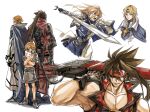  3boys abs blonde_hair brown_hair cape capelet coat crown dong_hole eyepatch fingerless_gloves gloves guilty_gear guilty_gear_xrd headband highres holding holding_stuffed_toy holding_sword holding_weapon huge_weapon ky_kiske long_hair multiple_boys muscular muscular_male ponytail red_eyes red_headband shoes shorts sidelocks simple_background sin_kiske sneakers sol_badguy spiked_hair stuffed_toy sword weapon white_background 