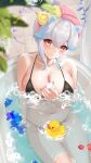  1girl bath bathing bathtub bikini black_bikini blush bow breasts bubble chinese_commentary cleavage commentary_request flower hair_bow hair_flaps highres large_breasts liu_liaoliao looking_at_viewer navel original partially_submerged red_eyes rubber_duck sidelocks sitting smile_closed_mouth solo swimsuit thighs tile_wall tiles towel towel_on_head water wet yellow_bow 
