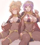  2girls absurdres black_nails bodystocking bodysuit book bracelet breasts bridal_gauntlets brown_hair cape circlet commentary_request cosplay covered_navel crossover fire_emblem fire_emblem_awakening gradient_hair highres hijiri_byakuren jewelry large_breasts light_brown_hair long_hair medium_breasts multicolored_hair multiple_girls nail_polish partial_commentary pelvic_curtain pointy_hair purple_eyes purple_hair senmura short_hair skin_tight small_breasts tharja_(fire_emblem) tharja_(fire_emblem)_(cosplay) thighs tiara touhou toyosatomimi_no_miko wavy_hair yellow_eyes 