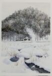  building day field forest grass grey_sky highres hill miyuchan777 nature no_humans original painting_(medium) scenery sky snow snowing traditional_media tree watercolor_(medium) 