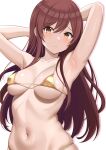  1girl absurdres armpits arms_behind_head arms_up baji_toufuu_(bajitohfu) bikini blush breasts cleavage closed_mouth collarbone frown gold_bikini highres idolmaster idolmaster_shiny_colors long_hair looking_at_viewer medium_breasts navel osaki_amana red_hair solo swept_bangs swimsuit yellow_eyes 