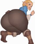  1girl absurdres ass asura_(asurauser) blonde_hair blue_eyes blush highres huge_ass long_sleeves looking_at_viewer looking_back pants pointy_ears princess_zelda shoes short_hair simple_background solo the_legend_of_zelda the_legend_of_zelda:_breath_of_the_wild thick_thighs thighs tight_clothes tight_pants white_background wide_hips 