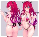  1girl ass blue_eyes crystal_wings detached_wings gradient_hair heterochromia hololive hololive_english horns irys_(hololive) ishiusu multicolored_hair multiple_horns multiple_views navel pointy_ears purple_eyes red_hair revealing_clothes streaked_hair tongue tongue_out virtual_youtuber wings 