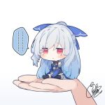  ... 1girl 1other :&lt; beni_shake black_thighhighs blue_dress blue_ribbon blue_sleeves chibi closed_mouth commentary_request detached_sleeves dress grey_hair hair_ribbon hand_up honkai:_star_rail honkai_(series) in_palm jingliu_(honkai:_star_rail) long_hair long_sleeves mini_person minigirl ponytail red_eyes ribbon signature simple_background sitting solo_focus spoken_ellipsis thighhighs very_long_hair white_background 