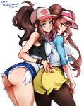  2girls artist_name ass baseball_cap behind_another blue_eyes blue_shorts breast_press breasts brown_hair brown_pantyhose closed_mouth cropped_vest cutoffs dated denim denim_shorts double_bun doughnut_hair_bun english_commentary from_side grin hair_bun hat high_ponytail hilda_(pokemon) holding holding_poke_ball large_breasts lips long_hair looking_at_viewer looking_to_the_side medium_breasts mina_cream multiple_girls paid_reward_available pantyhose pink_nails poke_ball poke_ball_(basic) pokemon pokemon_(game) pokemon_bw pokemon_bw2 raglan_sleeves rosa_(pokemon) short_shorts shorts simple_background smile teeth thighs twintails vest visor_cap white_background wristband yellow_shorts 