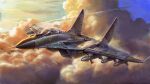  1boy absurdres aircraft airplane artist_name canopy_(aircraft) cloud contrail dated english_commentary fighter_jet flying highres jeffholy jet mig-29 military_vehicle missile mixed-language_commentary original sky vehicle_focus 