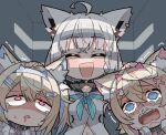  3girls ahoge animal_ear_fluff animal_ears bandaid_hair_ornament black_collar blonde_hair blue_brooch blue_eyes blue_hair blue_neckerchief braid collar colored_inner_animal_ears crying crying_with_eyes_open crystal_horn dog_ears dog_girl drooling fox_ears fox_girl fur-trimmed_jacket fur_trim fuwawa_abyssgard green_eyes hair_between_eyes hair_ornament headband highres hololive hololive_english hood hoodie jacket kukie-nyan long_hair mococo_abyssgard multicolored_hair multiple_girls neckerchief open_mouth pink_brooch pink_eyes pink_hair pink_headband runny_nose shirakami_fubuki shirakami_fubuki_(1st_costume) siblings side_braid sidelocks single_braid sisters smile snot streaked_hair streaming_tears tears trembling twins virtual_youtuber white_hair white_hoodie x_hair_ornament 