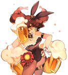  1girl absurdres alcohol animal_ears arm_strap bare_arms beer beer_mug black_bow black_bowtie black_leotard blush bow bowtie braid breasts brown_hair bunny_bunny_(reverse:1999) cleavage commentary cup detached_collar english_commentary fake_animal_ears firebay green_eyes hand_on_own_hip highres large_breasts leotard long_hair looking_at_viewer mug one_eye_closed open_mouth playboy_bunny rabbit_ears red_ribbon reverse:1999 ribbon simple_background smile solo thigh_strap twin_braids white_background wrist_cuffs 