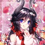 1girl black_hair bow checkered_background demon_girl demon_horns finger_to_mouth floral_background flower funamusea genderswap genderswap_(mtf) hair_bow horns long_sleeves looking_at_viewer low_twintails off-shoulder_shirt off_shoulder petals purple_eyes red_flower red_nails red_ribbon red_rose ribbon rose satanick_(funamusea) shirt shushing sparkle twintails white_shirt white_sleeves yellow_flower yellow_rose yun_(outsidey) 