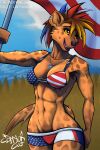  american_flag_bikini athletic athletic_female boy_shorts breasts clothing cloud dog_tags female hi_res highlights_(coloring) hyena mammal muscular muscular_female patriotism piercing politics spotted_hyena stars_and_stripes swimming_trunks swimwear underwear united_states_of_america 