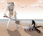 1boy 1girl ashiya_douman_(fate) beach bird black_hair burying_alive closed_eyes cloud cloudy_sky commentary_request day faceless fate_(series) grey_hair highres holding holding_shovel kama_(swimsuit_avenger)_(first_ascension)_(fate) long_hair mizuno_(bbzzzzzzbb) multicolored_hair official_alternate_costume open_mouth orange_sky outdoors sand shadow short_hair shovel sky smile sunset swimsuit 