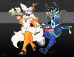  alcohol anthro armwear beer beer_mug beverage big_breasts blue_body blush bow_tie breasts bridal_gauntlets bunny_costume champagne clothed clothing costume cuffs_(clothing) dewott duo embarassed_nude_male erection fake_ears fake_rabbit_ears female fur generation_3_pokemon generation_5_pokemon genitals hambor12 hi_res holding_object ice_bucket katana legwear leotard male melee_weapon necktie nintendo nipples orange_(farflord) otto_(hambor12) penis pokemon pokemon_(species) simple_background skimpy smile stockings sword tail thigh_highs translucent translucent_clothing weapon white_body white_fur wide_hips zangoose 