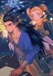  1boy 1girl black_hair black_shirt blonde_hair blue_eyes blue_jacket blush brown_gloves collarbone cowboy_shot dragon_quest dragon_quest_builders_2 dress earrings female_builder_(dqb2) fireworks gloves hair_ribbon hair_slicked_back hand_on_own_chest highres hoop_earrings jacket jewelry long_hair looking_at_another looking_away low_ponytail mouyi neckerchief orange_pants pants parted_lips pointy_ears red_dress red_eyes red_gloves red_ribbon ribbon shirt shirt_under_dress sidoh_(dqb2) twintails wide_ponytail yellow_neckerchief 