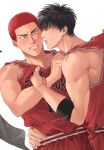  2boys absurdres bara black_hair clenched_teeth highres looking_at_another male_focus multiple_boys muscular muscular_male om3632f parted_lips red_hair red_shorts red_tank_top rukawa_kaede sakuragi_hanamichi short_hair shorts simple_background slam_dunk_(series) tank_top teeth twitter_username white_background yaoi 