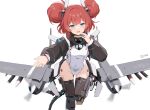  1girl absurdres bandaid bandaid_on_face bandaid_on_nose black_choker blue_eyes blush bodysuit choker double_bun drone hair_bun highres long_hair looking_at_viewer mecha_musume mechanical_legs military missile open_mouth original outstretched_arm personification propeller red_hair shasha_(shasha159357) sidelocks simple_background solo star_(symbol) thigh_gap twitter_username white_background wings 