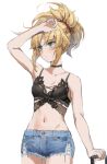  1girl arm_up bare_shoulders black_bra blonde_hair blue_shorts bra braid breasts choker collarbone denim denim_shorts fate/apocrypha fate_(series) french_braid green_eyes highres long_hair looking_to_the_side mordred_(fate) mordred_(fate/apocrypha) navel parted_bangs ponytail short_shorts shorts sidelocks small_breasts solo thighs tonee underwear 