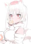 1girl animal_ears breasts doughnut food hat highres holding holding_food inubashiri_momiji large_breasts pom_pom_(clothes) red_eyes shirt short_hair solo tail tokin_hat touhou upper_body white_background white_hair white_shirt white_sleeves wolf_ears wolf_girl wolf_tail yoyoiro_(sysi20) 