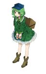  1girl ability_card_(touhou) absurdres blue_headwear boots box brown_footwear camouflage camouflage_dress camouflage_headwear camouflage_jacket card commentary dress flat_cap full_body green_dress green_eyes green_hair hat high_heel_boots high_heels highres holding holding_card jacket key long_sleeves looking_at_viewer open_mouth pocket short_hair simple_background solo standing touhou white_background yamashiro_takane yugiri_(yugiri_picture) 