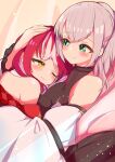  2girls absurdres bare_shoulders black_gloves chilwell_seele gloves green_eyes grey_hair highres hololive houshou_marine houshou_marine_(marching_band) lying lying_on_another multicolored_hair multiple_girls official_alternate_costume pink_hair red_hair shirogane_noel shirogane_noel_(5th_costume) streaked_hair tearing_up virtual_youtuber yellow_eyes 