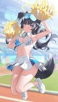  1girl absurdres animal_ears armpits arms_up black_hair blue_archive blue_eyes blurry blurry_background blush breasts cheerleader cleavage closed_mouth collar commentary dog_ears dog_girl dog_tail full_body goggles goggles_on_head halo hibiki_(blue_archive) hibiki_(cheer_squad)_(blue_archive) highres holding holding_pom_poms kurageumisawa legs_up long_hair looking_at_viewer medium_breasts midair millennium_cheerleader_outfit_(blue_archive) miniskirt navel official_alternate_costume outdoors panties pantyshot pleated_skirt pom_pom_(cheerleading) skirt solo star_sticker sticker_on_face stomach tail thighs underwear white_collar white_footwear white_panties white_skirt yellow_halo 