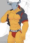  armor bandai_namco blue_eyes bulge claws clothing detailed_bulge digimon digimon_(species) hair headgear helmet hi_res jacket jockstrap male nipples orange_body red_hair samaraka solo topwear underwear wargreymon 