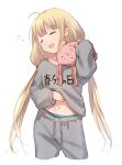  1girl ahoge bad_id bad_twitter_id blonde_hair closed_eyes clothes_writing cropped_legs futaba_anzu highres holding holding_stuffed_toy idolmaster idolmaster_cinderella_girls long_hair low_twintails navel open_mouth pajamas senbei_no_kakera simple_background solo stuffed_animal stuffed_rabbit stuffed_toy twintails very_long_hair wavy_mouth white_background yawning 