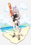  1girl :d absurdres animal_ears bare_arms bare_shoulders beach black_footwear black_one-piece_swimsuit breasts brown-framed_eyewear brown_nails casual_one-piece_swimsuit cleavage cloud eyewear_on_head gold_ship_(run_revolt_launcher)_(umamusume) gold_ship_(umamusume) grey_background grey_hair hand_on_own_hip high_heels highres holding horse_ears horse_girl horse_tail long_hair looking_at_viewer medium_breasts mejiro_mcqueen_(umamusume) mouhantain nail_polish one-piece_swimsuit purple-tinted_eyewear red_eyes sand sandals simple_background smile solo sparkle super_smashing_summer_vacation_(umamusume) swimsuit tail tinted_eyewear toenail_polish toenails toes umamusume very_long_hair water 
