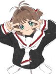  1girl brown_hair cardcaptor_sakura child double_v green_eyes kinomoto_sakura nnn-ollll sailor_collar school_uniform short_hair simple_background skirt smile solo tomoeda_elementary_school_uniform v white_background white_sailor_collar white_skirt 