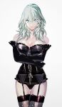  1girl alternate_costume alternate_hair_color black_gloves bodice breasts bustier byleth_(female)_(fire_emblem) byleth_(fire_emblem) cleavage elbow_gloves fire_emblem fire_emblem:_three_houses garter_straps gloves green_hair lace patterned_legwear thighhighs thighs tsukimura_noe 