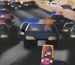  3girls absurdres alarm_siren blue_headwear bow car chibi commentary cozy_coupe driving english_commentary fumo_(doll) grey_hair hair_bow hair_tubes hakurei_reimu hat highres highway iesonatana izayoi_sakuya jitome little_tikes looking_at_another maid_headdress mob_cap motion_blur motor_vehicle multiple_girls outdoors police_car purple_hair red_bow red_eyes remilia_scarlet touhou v-shaped_eyebrows vehicle_chase 