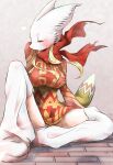  1girl animal_ears blonde_hair blush breasts closed_eyes fake_animal_ears fake_tail final_fantasy final_fantasy_tactics full_body heart highres long_sleeves mask medium_breasts mime_(fft) red_sleeves rorutorosarmon sitting solo sweater tail thighhighs 