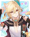  !? &gt;_&lt; 1boy animal_ear_fluff animal_ears black_gloves blonde_hair blue_background blush blush_stickers border cape cat_boy cat_ears cat_tail closed_mouth commentary_request earrings eyelashes feather_hair_ornament feathers fingerless_gloves genshin_impact gloves gold_trim hair_between_eyes hair_ornament hands_up hashtag jewelry kanengomi kaveh_(genshin_impact) long_hair long_sleeves looking_at_viewer male_focus necklace outline outside_border parted_bangs paw_pose paw_print red_cape red_eyes shirt simple_background slime_(genshin_impact) split_mouth sweatdrop tail tassel upper_body white_border white_outline white_shirt 