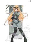  1girl alternate_costume bandana black_gloves blonde_hair blush bodysuit cosplay fairy gloves gun hakamii handgun headband highres holding holding_gun holding_weapon long_hair metal_gear_(series) nijisanji nijisanji_en pointy_ears pomu_rainpuff red_eyes sneaking_suit solid_snake solid_snake_(cosplay) solo virtual_youtuber weapon wings 