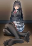  1girl absurdres arms_behind_back black_hair black_jacket black_thighhighs blazer blue_eyes blue_skirt blurry blurry_background blush bow bowtie breasts brown_background collared_shirt commission feet foot_focus foreshortening full_body grey_skirt hair_bow highres indoors jacket knees_together_feet_apart legs long_hair long_sleeves looking_at_viewer medium_breasts miniskirt no_shoes on_ground open_mouth plaid plaid_skirt pleated_skirt red_bow red_bowtie school_uniform shirt sitting skirt sobu_high_school_uniform soles solo thighhighs toe_scrunch toes tsa yahari_ore_no_seishun_lovecome_wa_machigatteiru. yukinoshita_yukino 