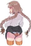  1girl ahoge ass black_panties black_skirt blue_eyes blush braid closed_mouth clothes_lift commentary cropped_legs dress_shirt embarrassed english_commentary floating_hair from_behind highres kizuna_akari lace-trimmed_panties lace_trim light_brown_hair long_hair looking_at_viewer looking_back multicolored_clothes multicolored_panties orange_panties orange_thighhighs panties pleated_skirt shirt shirt_tucked_in simple_background skirt skirt_lift sleeves_rolled_up solo striped striped_thighhighs sweatdrop thighhighs thighs toriniku29 twin_braids underwear vertical-striped_thighhighs vertical_stripes vocaloid voiceroid white_background white_shirt 