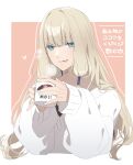  1boy :p absurdres alternate_costume blonde_hair blue_eyes blunt_bangs border casual chikuwa_(cccccchhhhhhii) closed_mouth coffee_mug commentary cropped_torso cup fate/grand_order fate/grand_order_arcade fate_(series) heart highres holding holding_cup long_hair looking_at_viewer low_tied_sidelocks male_focus mug noah_(fate) outline outside_border pink_background simple_background sleeves_past_wrists smile solo steam sweater tongue tongue_out translation_request upper_body white_border white_outline white_sweater 