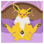  barndog bed blep blush bodily_fluids eeveelution electricity female feral furniture generation_1_pokemon genital_fluids genitals hi_res jolteon nintendo pillow pokemon pokemon_(species) pussy pussy_juice solo solo_focus spread_legs spread_pussy spreading tongue tongue_out 