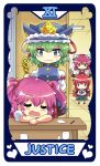  4girls bat_wings black_dress blue_eyes blue_headwear blue_vest bow bun_cover buttons colonel_aki double_bun dress frilled_hat frills green_hair hair_bun hat head_wings heart ibaraki_kasen justice_(tarot) koakuma multiple_girls necktie office onozuka_komachi pink_hair red_bow red_eyes red_hair rod_of_remorse shiki_eiki shirt short_hair sleeping sleeping_on_desk tarot_(medium) touhou two_side_up vest wavy_mouth white_shirt wings 