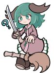  1girl :3 ? animal_ears bamboo_broom bright_pupils broom brown_dress commentary dog_ears dress full_body green_eyes green_hair holding holding_sword holding_weapon kasodani_kyouko long_sleeves parody puyopuyo shinmon_akika short_hair simple_background solo style_parody sword touhou weapon white_background white_pupils 