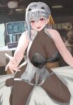  1girl :d absurdres bandaged_head bandages bare_shoulders blush bodystocking boobplate breasts commentary_request covered_collarbone dress goddess_of_victory:_nikke grey_hair hair_between_eyes hair_ribbon highres indoors large_breasts long_hair looking_at_viewer modernia_(nikke) on_bed open_mouth partial_commentary peli_cantaro red_eyes ribbon see-through_cleavage shadow sitting smile solo wariza white_dress yellow_ribbon 