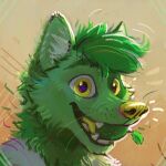 2022 anthro canid canine cheek_tuft digital_media_(artwork) digital_painting_(artwork) facial_tuft fangs food fruit fur green_body green_fur green_hair green_whiskers grin hair happy headshot_portrait hi_res inner_ear_fluff latrans lime male mammal plant portrait simple_background smile solo tan_background teeth tuft yellow_eyes yellow_nose 