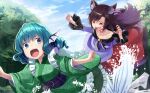  2girls animal_ear_fluff animal_ears black_scarf black_trim blue_eyes blue_hair blue_sky blue_tail brown_hair chasing clenched_hands cloud dress eyelashes fang fingernails fins fleeing floral_print frilled_kimono frilled_sleeves frills game_cg gem green_kimono head_fins imaizumi_kagerou japanese_clothes kimono long_dress long_hair long_sleeves loose_hair_strand mermaid monster_girl multiple_girls obi off-shoulder_dress off_shoulder official_art open_mouth outdoors purple_sash raised_eyebrows red_dress red_eyes red_gemstone red_nails rock sash scarf sharp_fingernails short_hair sky splashing teeth third-party_source tokumaro touhou touhou_cannonball tree two-tone_dress upper_teeth_only v-shaped_eyebrows wakasagihime water_drop wavy_hair werewolf white_dress wolf_ears 