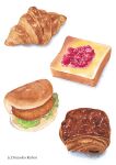  artist_name bread bread_slice croissant food food_focus fruit highres kuboitomoko lettuce meat no_humans original painting_(medium) sandwich shadow simple_background still_life strawberry traditional_media watercolor_(medium) white_background 