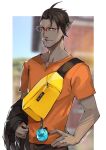  1boy black_hair black_nails blurry blurry_background border brown_pants casual dark-skinned_male dark_skin fanny_pack glasses gwelu_os_gar gwelu_os_gar_(3rd_costume) hair_slicked_back hand_on_own_hip highres holding holding_clothes holding_jacket ikuyoan jacket jacket_removed jewelry looking_at_viewer male_focus mole mole_under_eye nijisanji orange_shirt outdoors outside_border pants parted_lips pointy_ears red-framed_eyewear red_eyes ring shirt short_hair signature smile solo t-shirt upper_body v-shaped_eyebrows virtual_youtuber wedding_ring white_border 