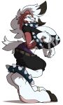  2019 anthro barefoot big_breasts big_feet black_clothing black_shirt black_topwear bottomwear breasts claws clothing collar eyewear feet female freebird11 generation_7_pokemon glasses hi_res huge_breasts huge_feet hyper hyper_feet lycanroc nintendo pokemon pokemon_(species) red_body shirt shorts simple_background smile solo spiked_collar spikes topwear underwear white_background white_body 